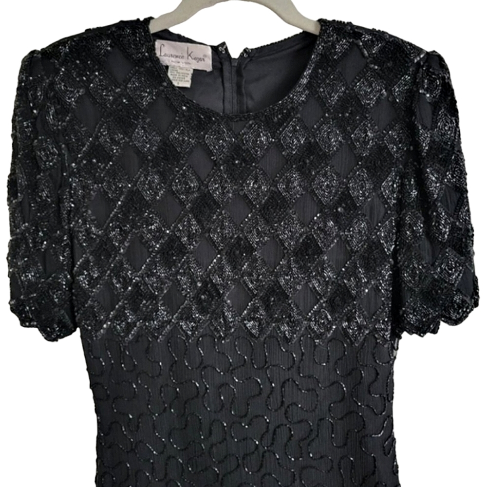 Vintage 100% Silk Black Beaded Laurence Kazar Dress Small